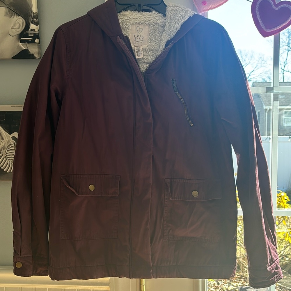 Fleece lined medium weight Full Tilt jacket with hood. Pretty eggplant color.